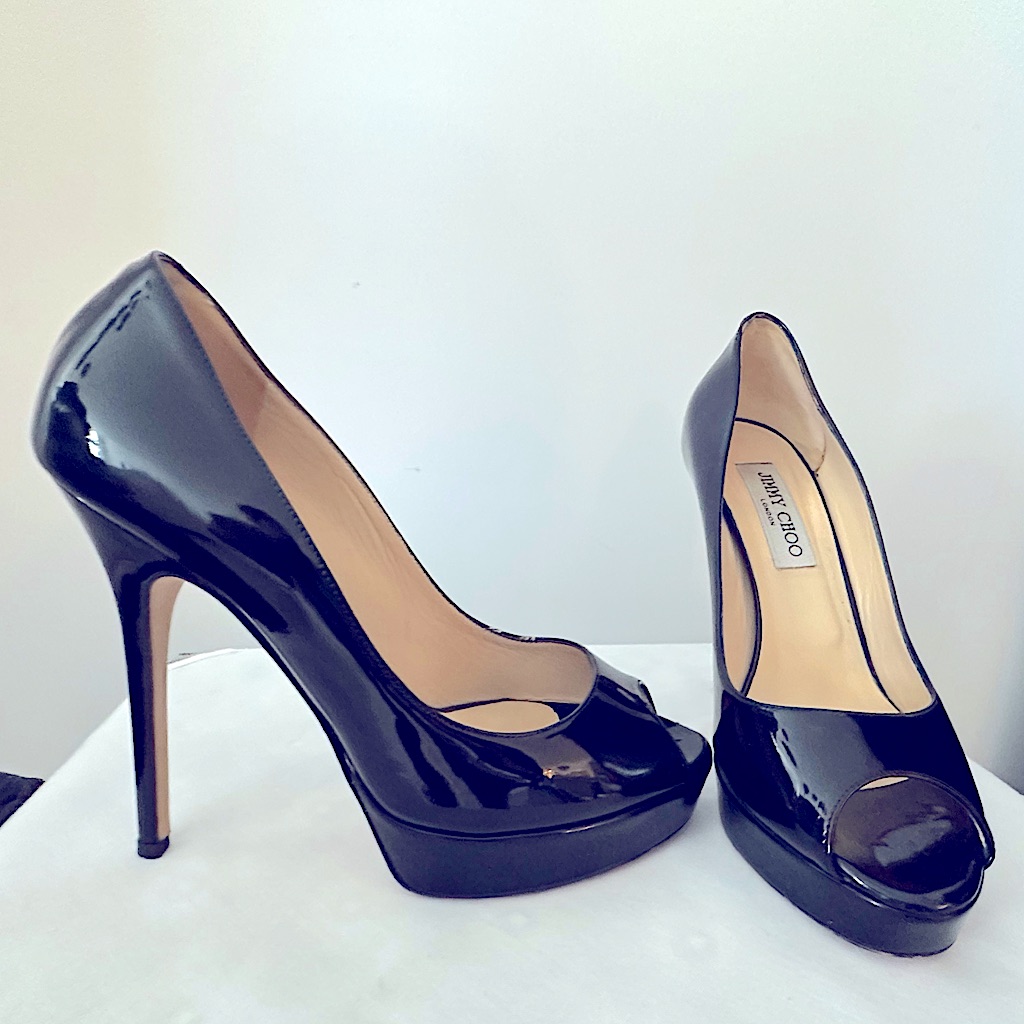 Jimmy Choo Black Patent 5" Peep Toe Stiletto Pumps